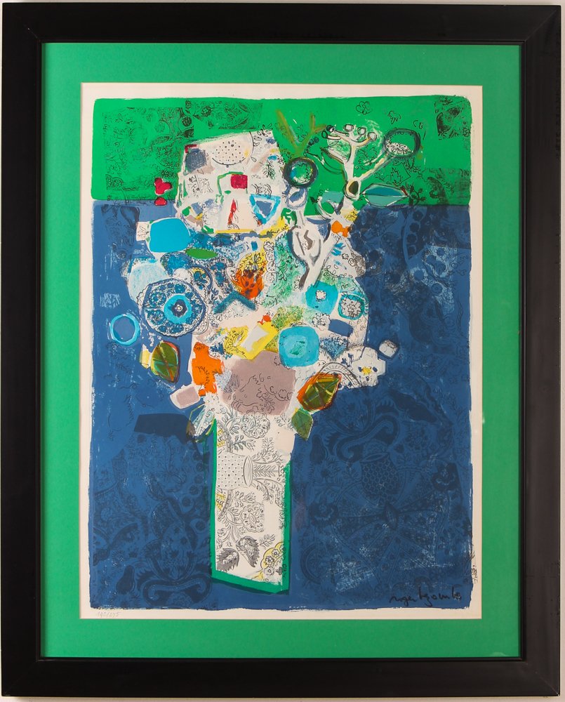 2 Roger Bezombes original litho "Still Lifes": Artist: BEZOMBES, Roger (French, 1913-1994) Title: Two Floral Still Lifes, (Blue Background & Brown Background Medium: lithographs printed in colors Dimension: 22 x 16.75 inches Edition: 10/150 & 192/
