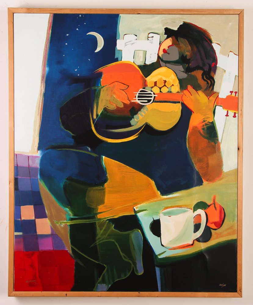 Hessam Abrishami serigraph/canvas "My Enjoyment": Artist: Abrishami, Hessam (Iranian, born 1951) Title: My Enjoyment Date: 1998 Medium: serigraph on canvas Dimension: 37 x 29.75 inches Edition: 264/395 Signature: signed in gold ink