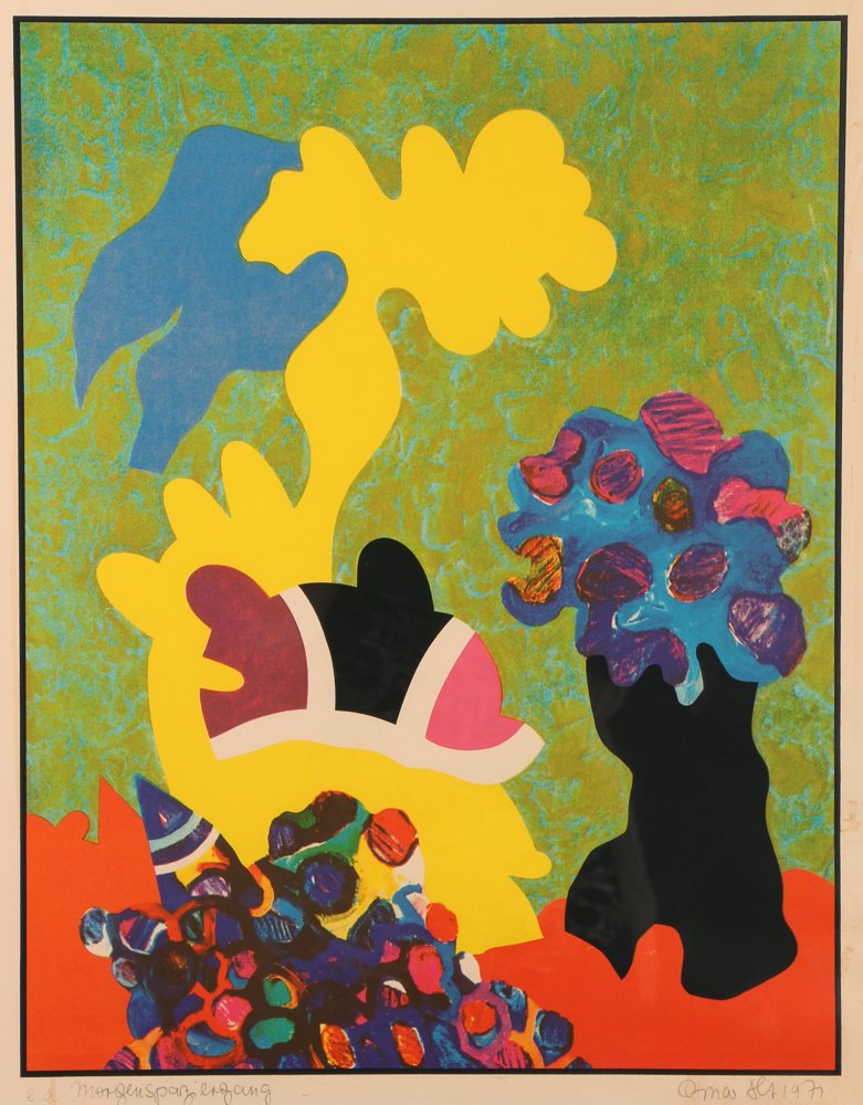 Otmar Alt 1971 lithograph "Landscape": Artist: ALT, Otmar (GERMAN, born -1940) Title: Untitled Landscape (Morgenspazilengang) Date: 1971 Medium: lithograph printed in colors Dimension: 21 x 16.5 inches Edition: e.a. Signature: