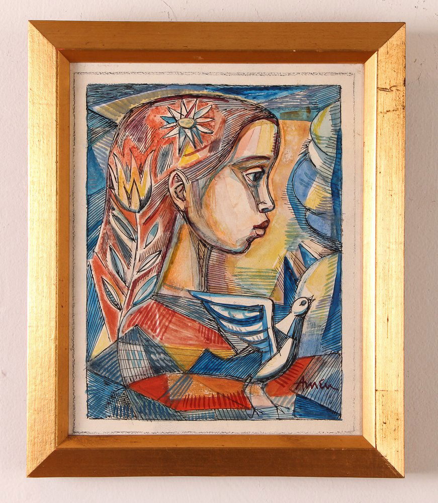 Irving Amen painting on artist's board "Aurora": Artist: Amen, Irving (American 1918-2011) Title: Aurora Medium: watercolor and India ink Dimension: 8.75 x 6.5 inches Signature: Signed Amen lower right Provenance: Michael Brown Gallery, Erie