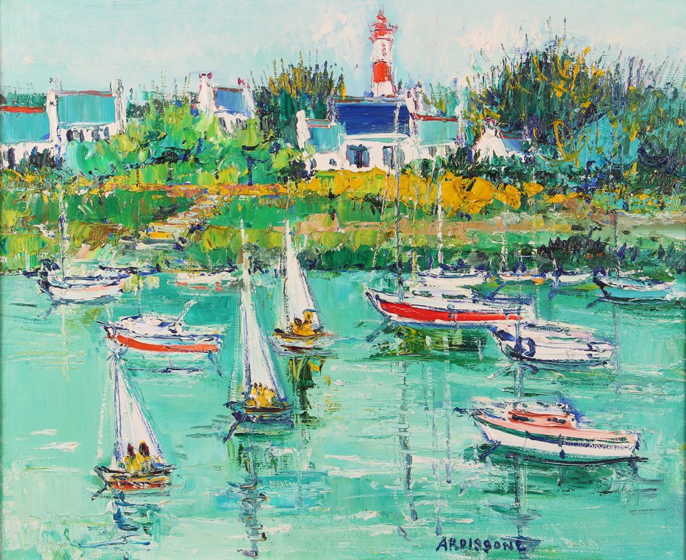 Yolande Ardissone ptg. "Le Phare de Doelon": Artist: Ardissone, Yolande (French, born 1927 ) Title: Le Phare de Doelon Date: late 1970's Medium: oil on canvas Dimension: 14.5 x 18 inches Description: A French Riviera Harbor with many sai