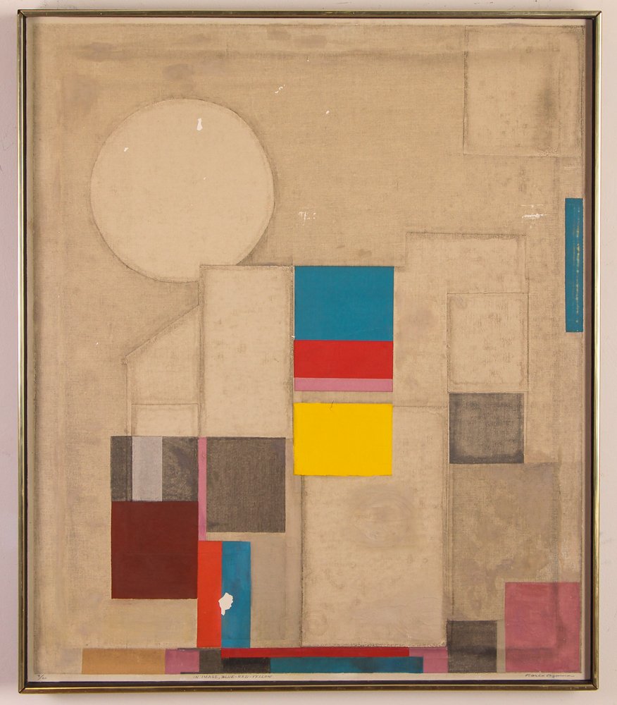 Norio Azuma serigraph/canvas & Davies Collage: Artist: Azuma, Norio S. (Japanese 1928-2004); Davies (20th Century American School) Title: In Image, Blue-Red-Yellow, Untitled Collage Painting Medium: serigraph on canvas, acrylic and collage on canv
