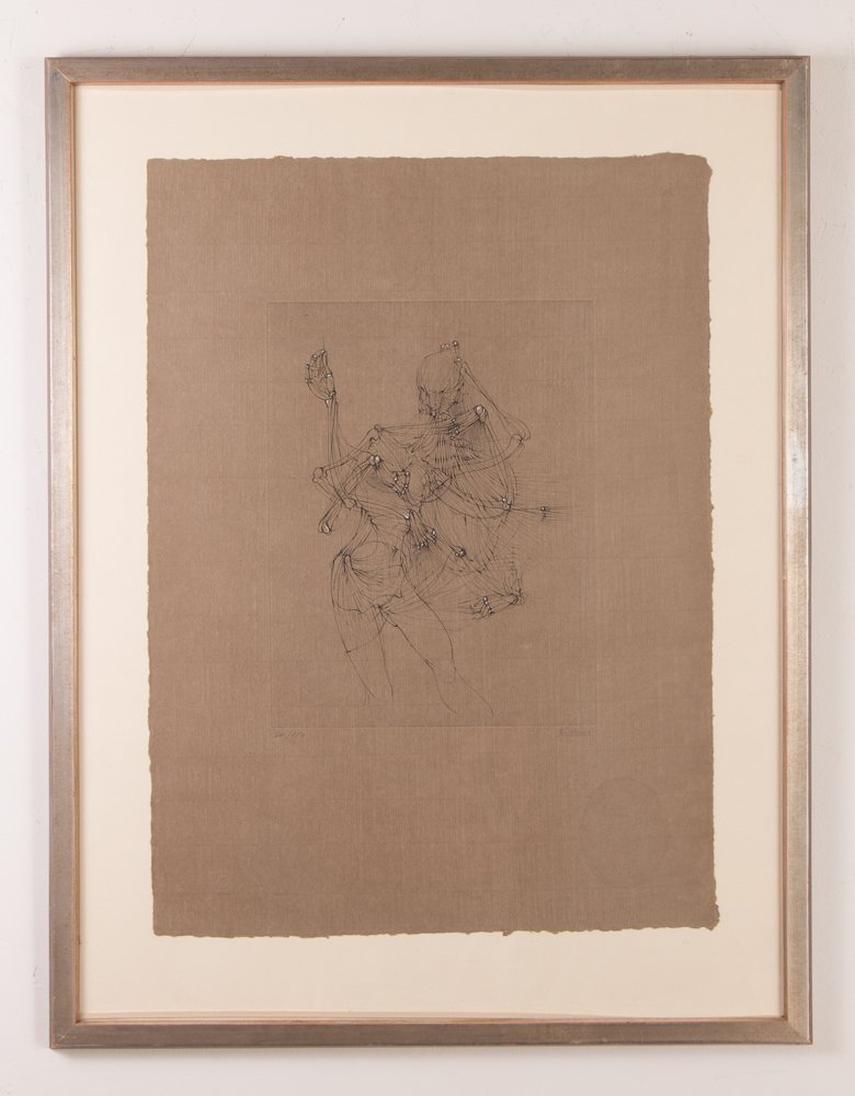 Hans Bellmer orig print "Tanzendes Skelett" (Dancing: Artist: Bellmer, Hans (German 1902-1975) Title: Tanzendes Skelett (Dancing Skeleton) Medium: Engraving on dark grey laid paper in black with white highlights, Dimension: 14.5 x 11 inches image, 26 x 1