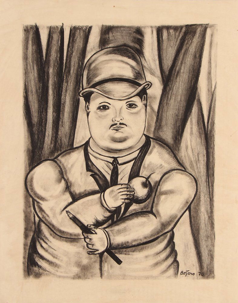 Fernando Botero print "Self Portrait with paintbrush: Artist: Botero, After Fernando (Columbian, born 1932) Title: Self Portrait with Paintbrush and Apple Date: 1970, print stamped November 23, 2000 Medium: lithograph or another printing technique Dimens