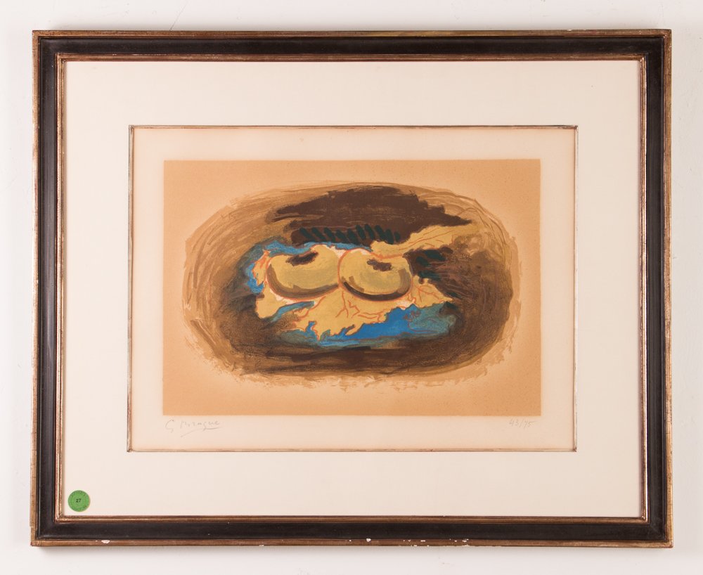 Georges Braque orig 1958 litho "Apples and Leaves ": Artist: Braque, Georges (French 1882-1963) Title: Apples and Leaves (Pommes et Feuilles) ( Vallier 114, Mourlot 47) Date: 1958 Medium: Lithograph printed in 8 colors on Arches Vellum paper Dimension: 