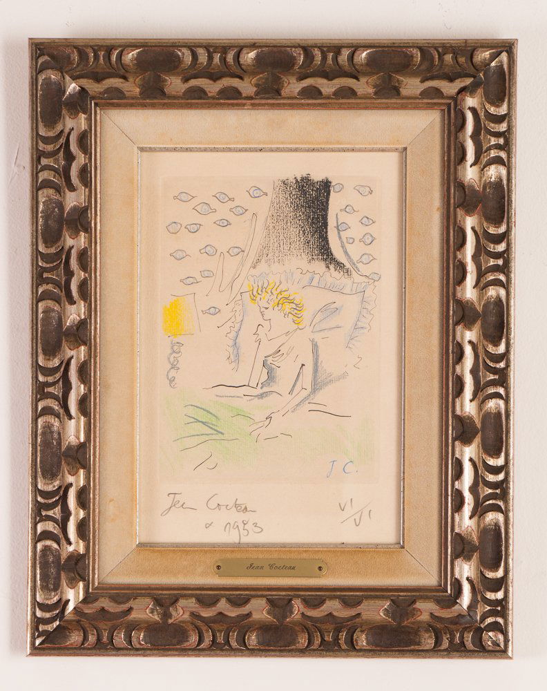 Jean Cocteau rare 1953 hand colored dry point: Artist: Cocteau, Jean (French 1889-1963) Title: Untitled, 1953 (Bed in Tree) Date: 1953 Medium: Hand colored Dry point Dimension: 8.5 x 6 inches Edition: numbered VI/VI Signature: pe