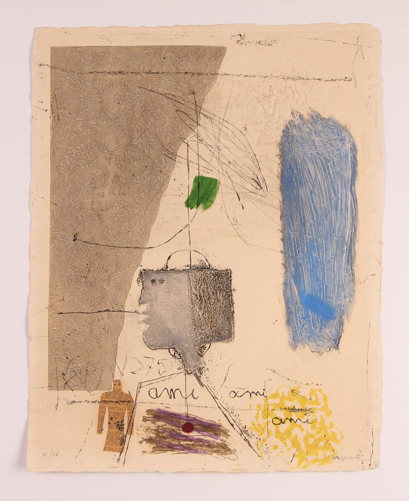 James Coignard 1974 etching and collage "Ami": Artist: Coignard, James (French 1925-2008) Title: AMI (S.196) Date: 1974 Medium: color etching, carborundum and collage Dimension: 26 ½ x 20 ½ inches Edition: III/XV Description: p