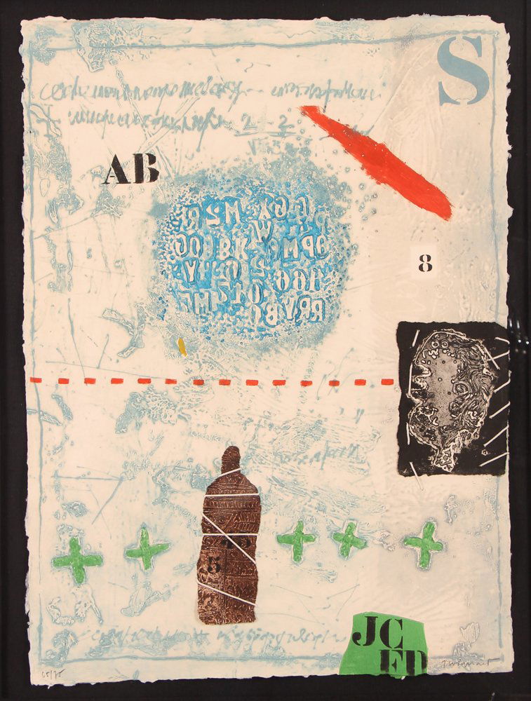 James Coignard carborundum gravure with collage: Artist: Coignard, James (French 1925-2008) Title: L'OBSERVATEUR8 ET OTAGE (S. 374) Medium: carborundum gravure with collage Dimension: 30 x 22 inches Edition: 65/75 Signature: pencil signed