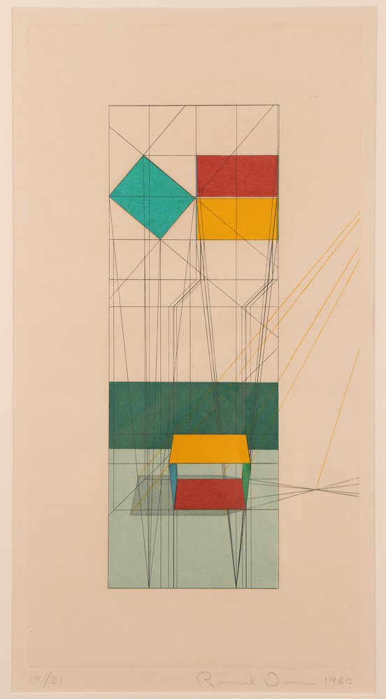 Ron Davis 1980 color etching PERSPECTIVE TILT: Artist: Davis, Ronald (American, born 1937) Title: PERSPECTIVE TILT Date: 1980 Medium: etching and aquatint printed in colors Dimension: 23.5 x 12.25 inches Edition: 19/31 Signature: