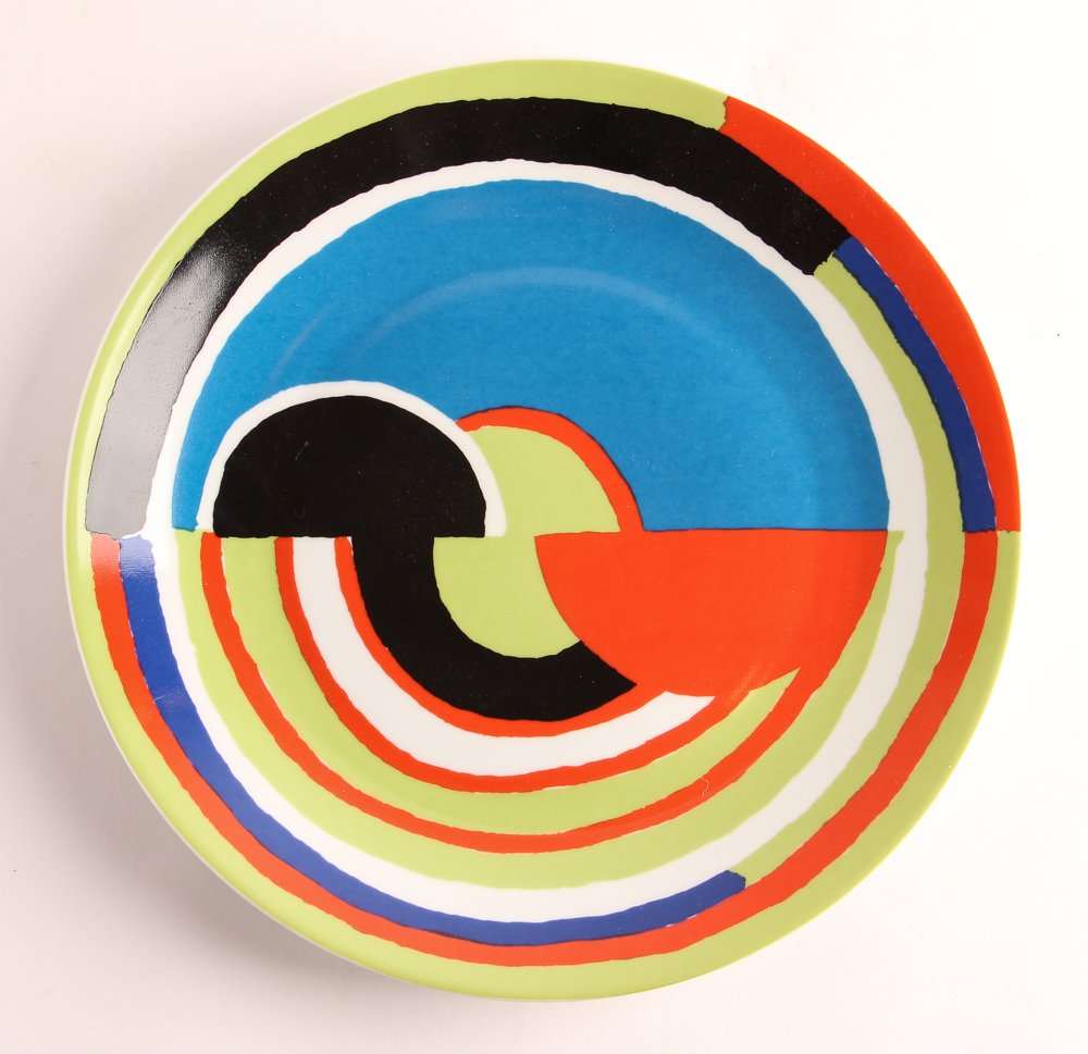 Sonia Delaunay porcelain plate "Signal" Limoges: Artist: Delaunay, Sonia (Ukrainian/French 1885-1979) Title: Signal Date: 1980 Medium: painted and glazed limited edition Limoges porcelain plate Dimension: 11 3/8 inches in diameter Edition: 8