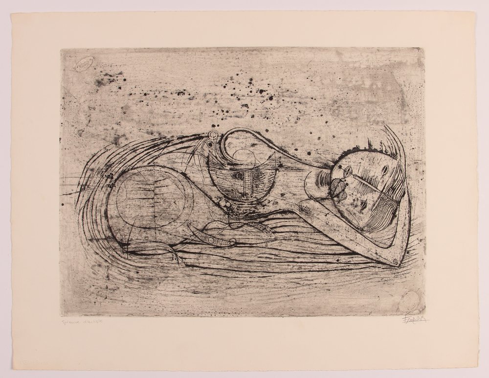 Johnny Friedlaender etching/aquatint Woman and Cat: Artist: Friedlaender, Johnny (German/French, 1912-1992) Title: Woman and Cat Date: mid 1950's Medium: Etching and aquatint Dimension: 14.8 x 20.75 inches Edition: Pencil signed and inscribed Ep