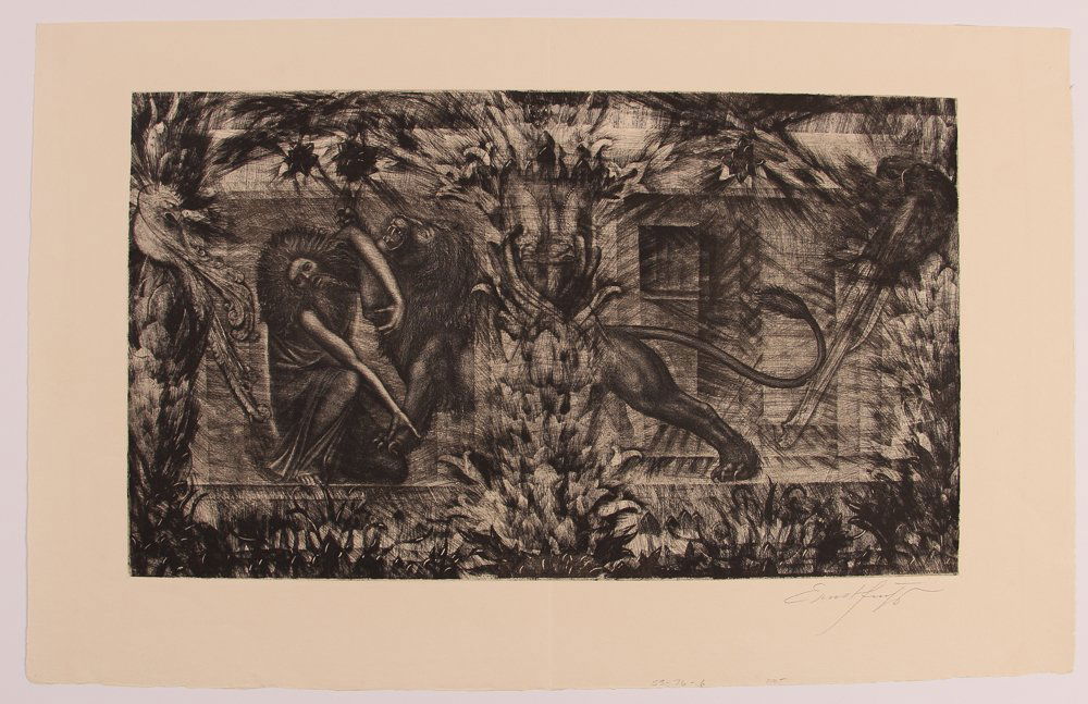 Ernst Fuchs etching "Samson Kampf Mit Dem Lowen": Artist: Fuchs, Ernest (Austrian, born 1930) Title: Samson Kampf Mit Dem Lowen Medium: etching Dimension: 12 x 20.5 inches Edition: edition of 90 Signature: Pencil signed