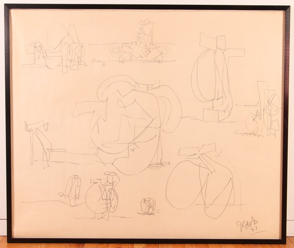 Joe Goto drawing "Sculpture Motifs": Artist: Goto, Joseph (American 1920 - 1994) Title: Ideas for Sculpture Date: 1967 Medium: graphite on paper Dimension: 41 x 49.5 inches Signature: signed and dated lower right Frame Type