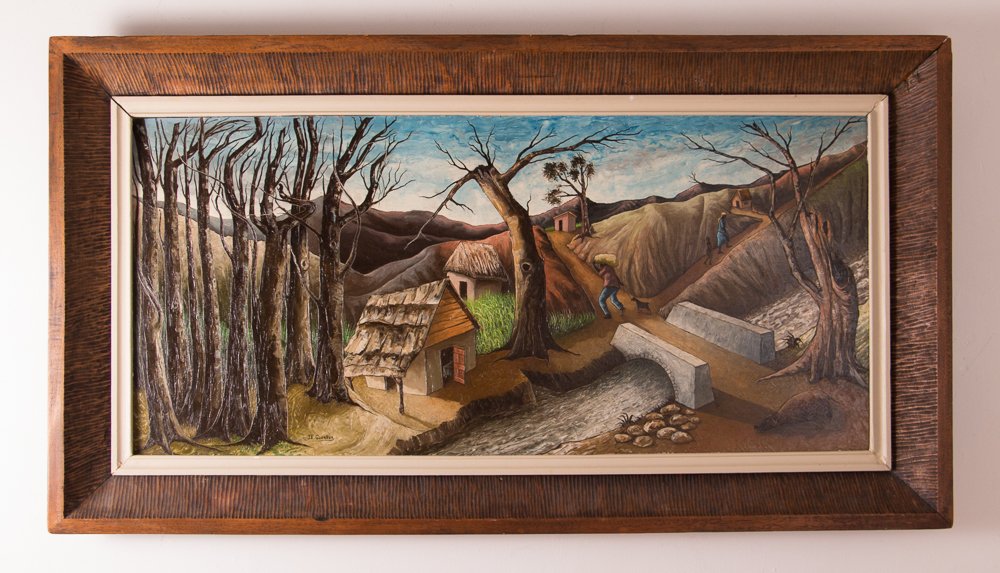 Jacques E. Gourgue “Enchanted Landscape” Haitian: Artist: Gourgue, Jacques Enguerrand Title: Enchanted Landscape Date: c. 1960s Medium: oil on Masonite Dimension: 22 x 48 inches Signature: Signed mid-lower left Frame Type: Large Hait