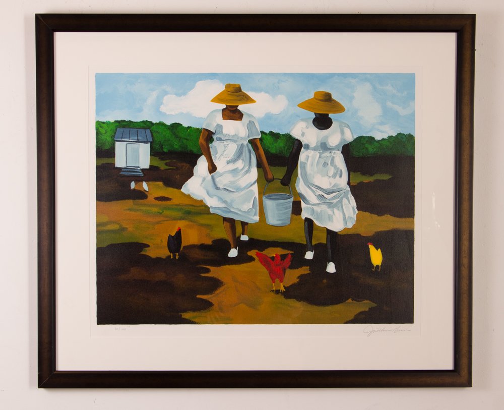 Jonathan Green lithograph Sharing the Chores, 1996: Artist: Green, Jonathan (American, b. 1955) Title: Sharing the Chores Date: 1996 Medium: lithograph printed in colors Dimension: 21 x 26 inches (plate) Edition: 30/195 Signature: penc