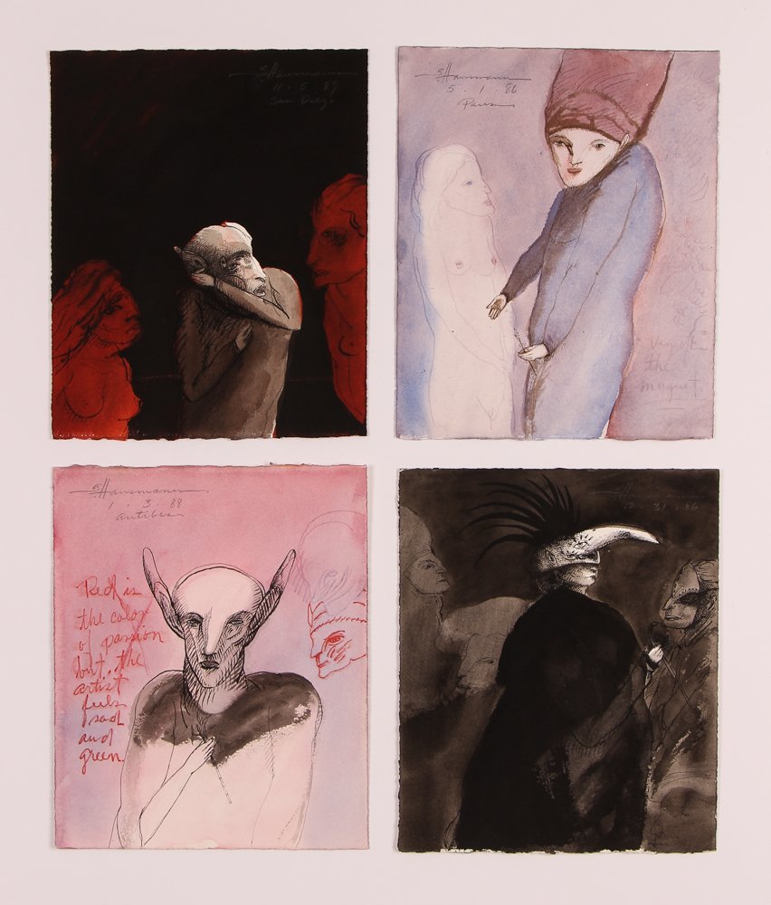 4 Gary Hansmann 1980'2 watercolors: Artist: Hansmann, Gary (American 1947 - 2008) Title: Surrealist Figure Compositions Date: 1986-1989 Medium: watercolor and ink on paper Dimension: 11 x 9.25 inches Signature: each signed, titl