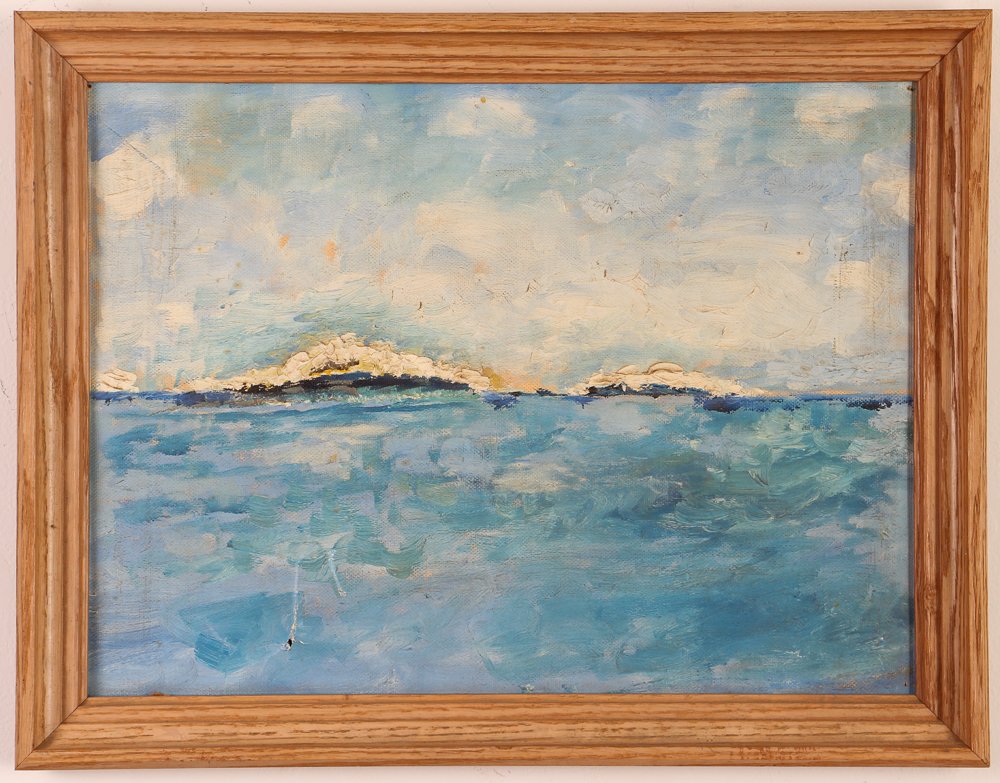 Pair of Howard Hanson seascape paintings: Artist: Hanson, Howard Harold (October 28, 1896 – February 26, 1981) Title: Pair of Seascapes Medium: acrylic on canvas Dimension: 12 x 16 inches and slightly smaller Signature: apparently unsigned 