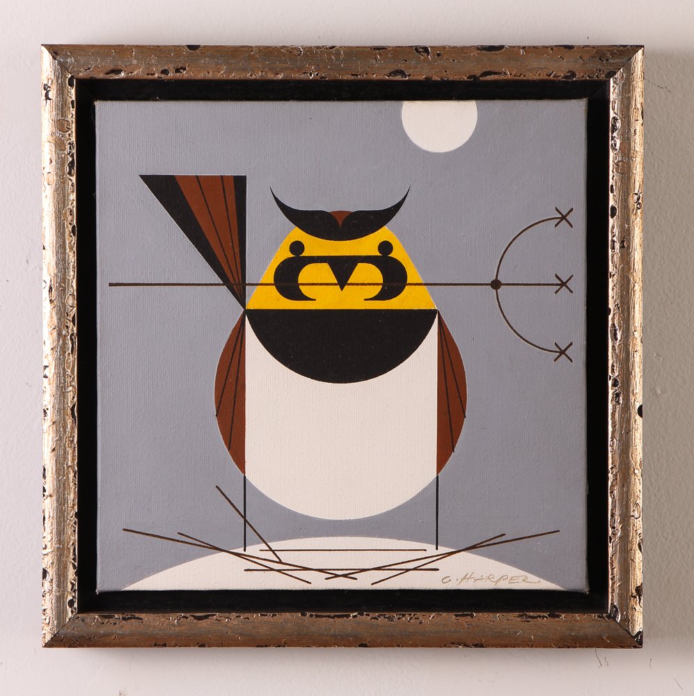 Charley Harper Prairie Lark Painting: Artist: Harper, Charles (American, 1922-2007) Title: Prairie Lark with Pitchfork Medium: acrylic on canvas Dimension: 8.5 x 8.5 inches Signature: signed C. Harper lower right Frame Type: silver