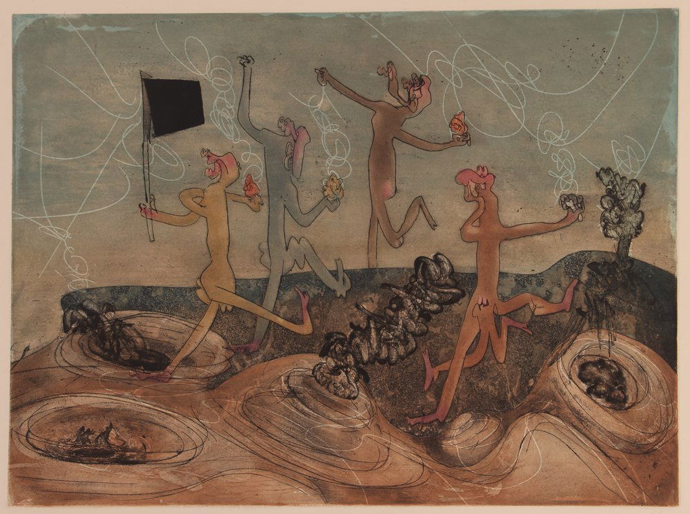 Roberto Matta 1970 color etching "Les Suissides": Artist: Matta, Roberto Antonio (Echaurren) (Chilean 1911-2002) Title: Les Suissides Date: 1970 Medium: Color etching and aquatint Dimension: 16 x 21.75 inches Edition: numbered 98/100 Des