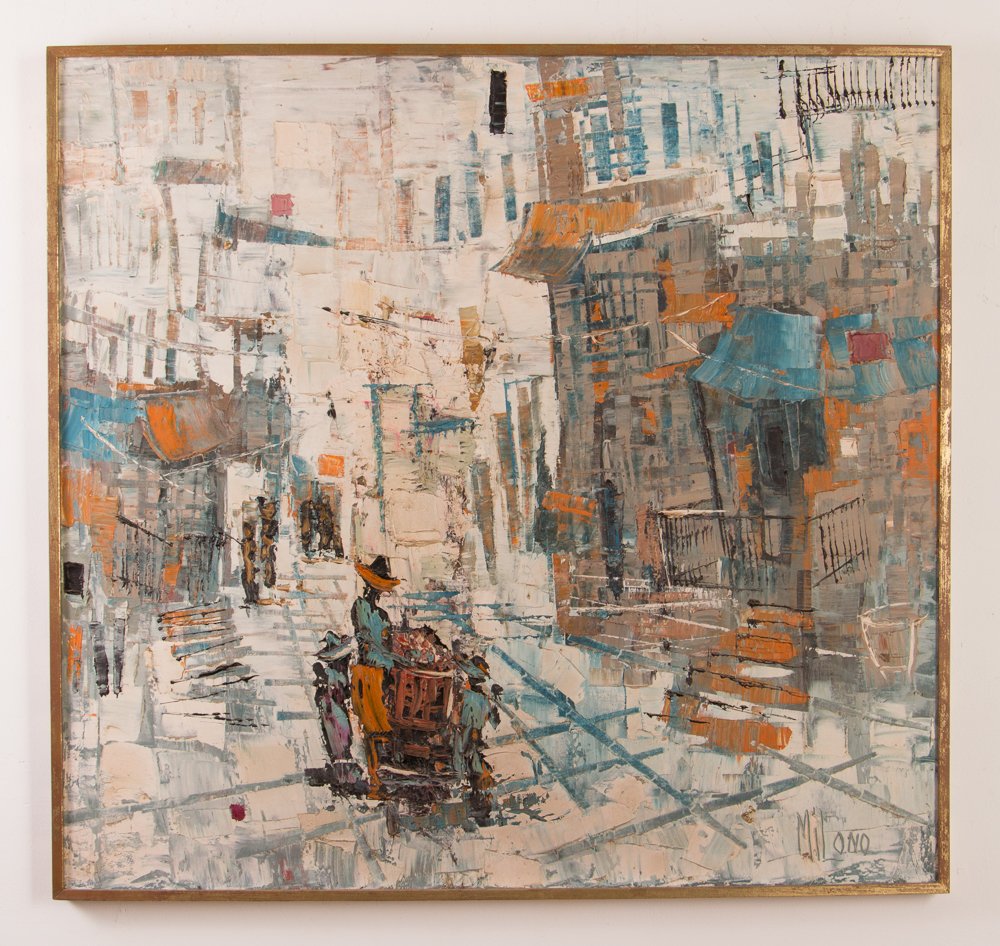 Maggie Milono Abstract Street Vendor painting: Artist: Milono, Maggie (Western PA 20th Century) Title: Street Vendor Medium: oil on canvas Dimension: 35.5 x 37.5 inches Signature: signed Milono lower right Frame Type: gold wood Frame