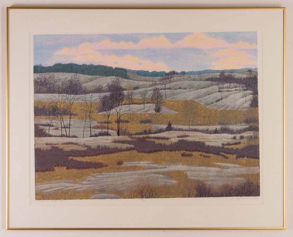 Gordon Mortensen Winter in Baker Park 1982 woodcut: Artist: Mortensen, Gordon (Contemporary American) Title: Winter in Baker Mark Date: 1982 Medium: reduction color woodcut Dimension: 22 x 30 inches Edition: 117/130 Signature: pencil s