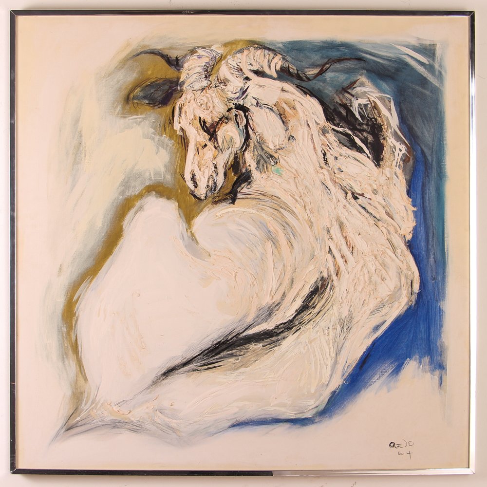 Jose Garcia Ocejo 1964 ptg. "Swirling White Horse": Artist: Ocejo, Jose Garcia (Mexican, born 1928 ) Title: Mythical Swirling White Horse Date: 1964 Medium: acrylic and mixed media on canvas Dimension: 40 x 40 inches Signature: signed and dated