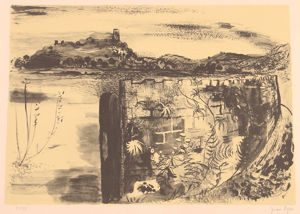 John Piper orig litho "Untitled Ruins": Artist: Piper, John (British, 1903-1992) Title: Untitled Ruins Medium: Lithograph printed in colors Dimension: 15 x 21 inches Edition: Pencil signed and numbered 31/75 Signature: Pencil signed