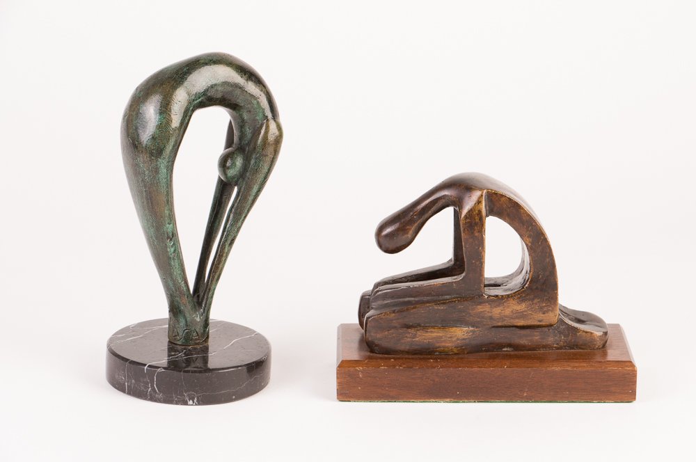 Victor Salmones Bronze Sculpture w/ Hasas bronze: Artist: Salmones, Victor; Hasas Title: Bending Figures Medium: bronze with brown patina, bronze with green patina Dimension: 5.5 x 7 x 3 inches; 8 x 4 x 4 inches Signature: incised Victor Salmones on