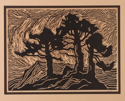 BIRGER SANDZEN 1921 linocut "Sunset": Artist: Sandzén, Birger (Swedish/American, 1871-1954) Title: Sunset Date: 1921 Medium: linoleum cut Dimension: 9 x 12 inches Signature: pencil signed and titled along the lower margin Pro