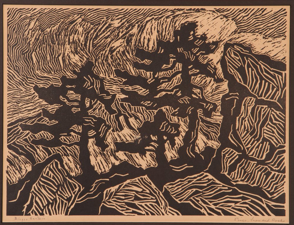 BIRGER SANDZEN 1921 linocut "Pines, Snow, and Rocks": Artist: Sandzén, Birger (Swedish/American, 1871-1954) Title: Pines, Snow, and Rocks Date: 1921 Medium: linoleum cut Dimension: 9 x 12 inches Signature: pencil signed and titled along the lower