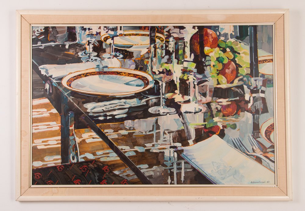 Robert Schmalzried Dinner Party painting: Artist: Schmalzried, Robert (Contemporary Western PA) Title: Dinner Party Medium: acrylic on board Dimension: 24 x 36 inches Signature: signed and copyrighted lower right Frame Type: white wood