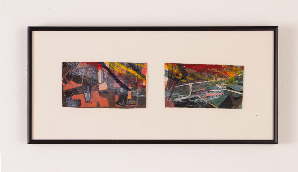 Stanley Swartz two Abstract Drawings one frame: Artist: Swartz, Stanley (Contemporary American, Western Pa.) Title: Abstract IX Date: 1980's Medium: mixed media on two sheets in one frame Dimension: 3 x 5 inches each sheet Signature: signed