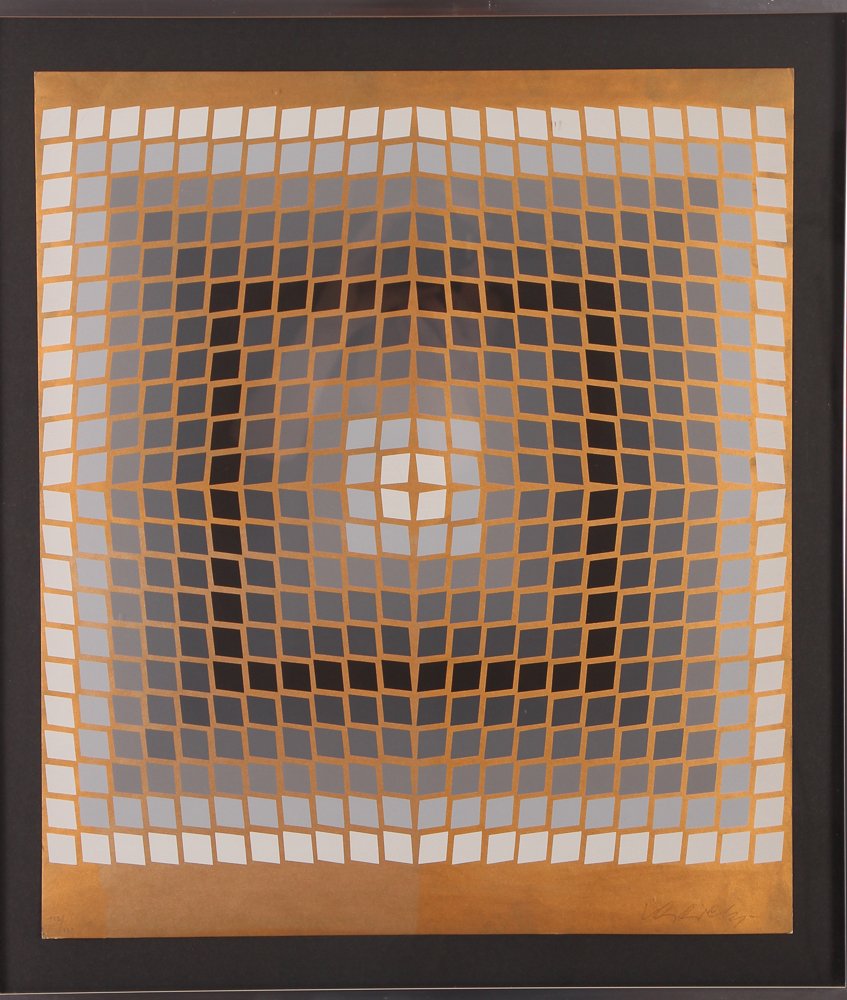 Victor Vasarely "Untitled" serigraph on foil: Artist: Vasarely, Victor (Hungarian/French 1906-1997) Title: Untitled Medium: Serigraph printed in colors on brown foil Dimension: 18 x 15.5 inches Edition: numbered 112/138 Signature: Pencil s