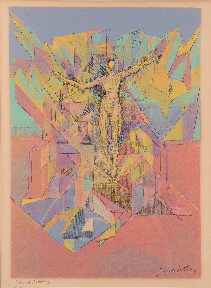 Jacques Villon rare cubist "Femme dans l’Espace": Artist: Villon, Jacques (French 1875-1963) Title: Femme dans l’Espace Medium: Lithograph printed in colors with pochoir Dimension: 15.5 x 11 inches Edition: numbered 4/25 Description: A rare C