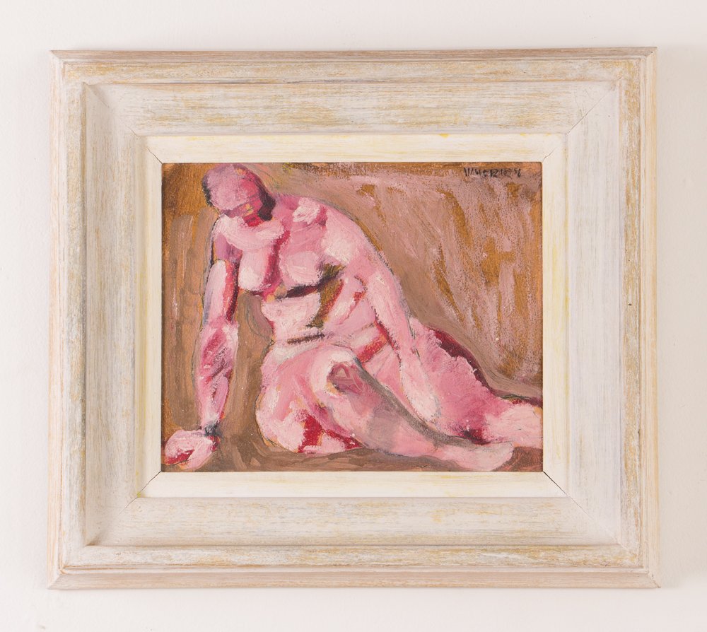 Paul Wherry painting "Seated Nude": Artist: Wherry, Paul (20th Century American) Title: Seated Nude Date: 1970's Medium: acrylic and mixed media on board Dimension: 8 x 10 inches Description: cubist Figural Seated and Turning