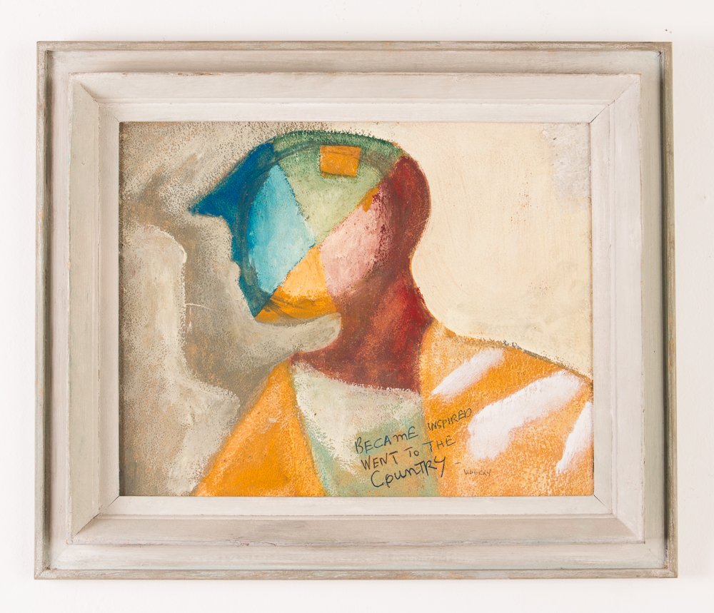 Paul Wherry ptg. Became Inspired Went To The Country: Artist: Wherry, Paul (20th Century American) Title: Became Inspired Went To The Country Date: 1970's Medium: acrylic and mixed media on board Dimension: 11 x 13 inches Description: Cubist Figu