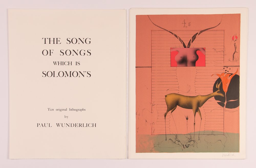 Paul Wunderlich portfolio The Song of Songs Which is: Artist: Wunderlich, Paul (German, 1927-2010) Title: The Song of Songs Which is Solomon’s, 1970 (Portfolio of 10) Date: 1970 Medium: Lithographs printed in colors Dimension: 23.5 x 17.5 inches Editi