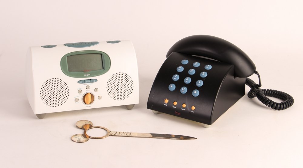 Michael Graves Phone & Alarm Clock + Disney Swid Powell: Michael Graves Phone & Alarm Clock + Disney Swid Powell Letter Opener modern design Phone MG1000 & Phillips Alarm Clock Radio Postmodern White And Light Blue& Disney Swid Powell Ltd. Ed. Mickey Mouse