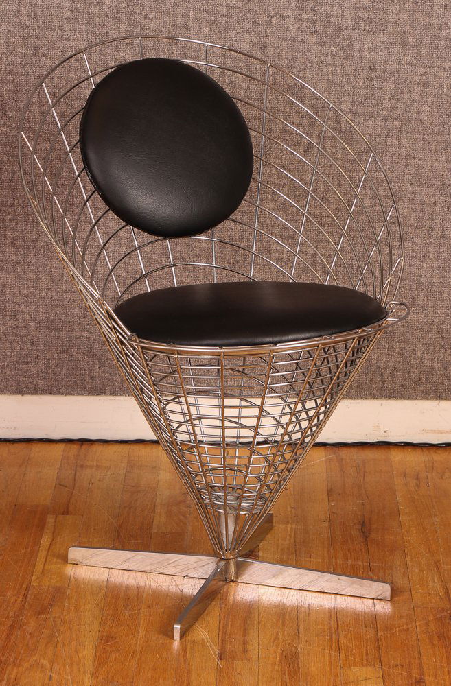 Vernor Panton Cone Chair: Panton, Vernor Cone Chair chrome wire and leather 31 x 24 x 24 inches The Frank Giovannitti Collection from his Richard Meier Home on Woodland Road in Pittsburgh, PA