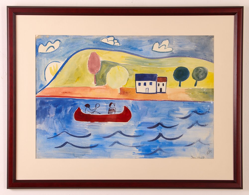 Esther Phillips w/c Canoeing on the Lake: Phillips, Esther (American/Pittsburgh, b Russia 1902-1983) Canoeing on the Lake, 1948 watercolor 15 x 22 inches signed and dated lower right The Estate of Esther Phillips walnut woodframe measuring 22