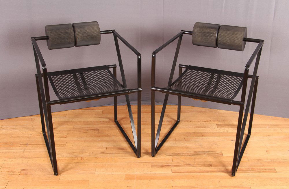 Mario Botta. 'Seconda 602' armchair, 1982: Designed by Mario Botta,Pair of "Seconda 602" armchairs, circa 1982 Tubular steel, sheet steel, black, perforated, riveted, black polyurethane 28 x 22.5 x 20.5 inches manufactured by ICF and Alias, Ma