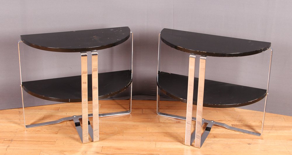 Pair WOLFGANG HOFFMANN Tiered tables by Howell: WOLFGANG HOFFMANN (1900-1969) for Howell Pair of Tiered demi-lune tables of chromed steel, lacquered wood;1930's 22 x 25.5 x 13 inches with attached Howell paper label under shelve Provenance: The Fra