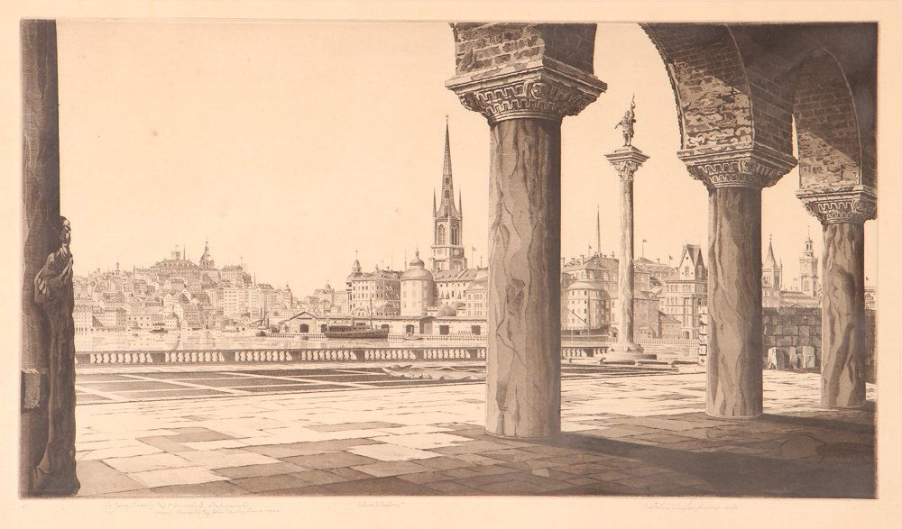 John Taylor Arms 1940 etching "Stockholm": Artist: ARMS, John Taylor (American, 1887-1953) Title: Stockholm (Fletcher #346) Date: 1940 Medium: etching and aquatint Dimensions: 7 5/8 x 13 1/2 inches Signature: signed and dated in pencil