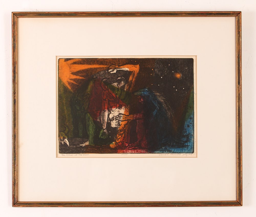 David Edwin Bernard color etching "The Ritual of The: Artist: Bernard, David Edwin (American, born 1913 - ) Title: The Ritual of The Hunt Date: 1949 Medium: etching and aquatint printed in colors Dimensions: 8.5 x 12 inches Editions: proof