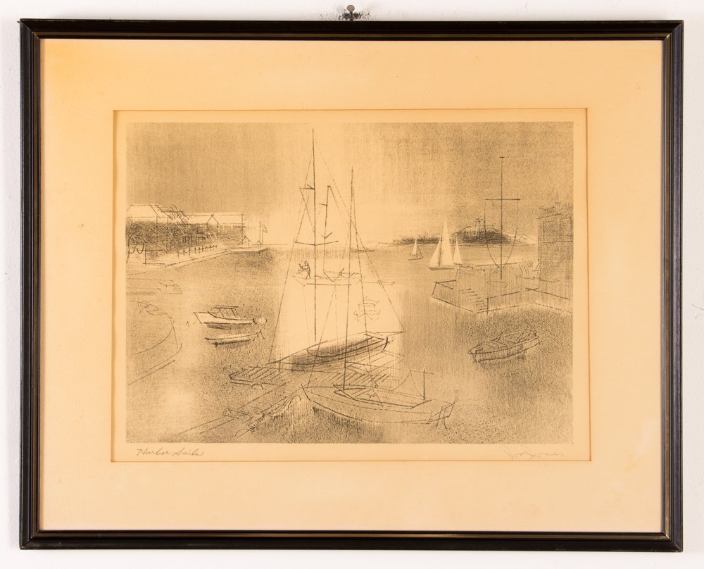 2 Joe Jones orig lithos Windy Day & Harbor Sails: Artist: Jones, Joe (American 1909-1963) Title: Windy Day & Harbor Sails Medium: lithograph Dimensions: 10.5 x 14.5 inches & 10 x 13.5 inches Editions: AAA Editions Signature: both pencil signed
