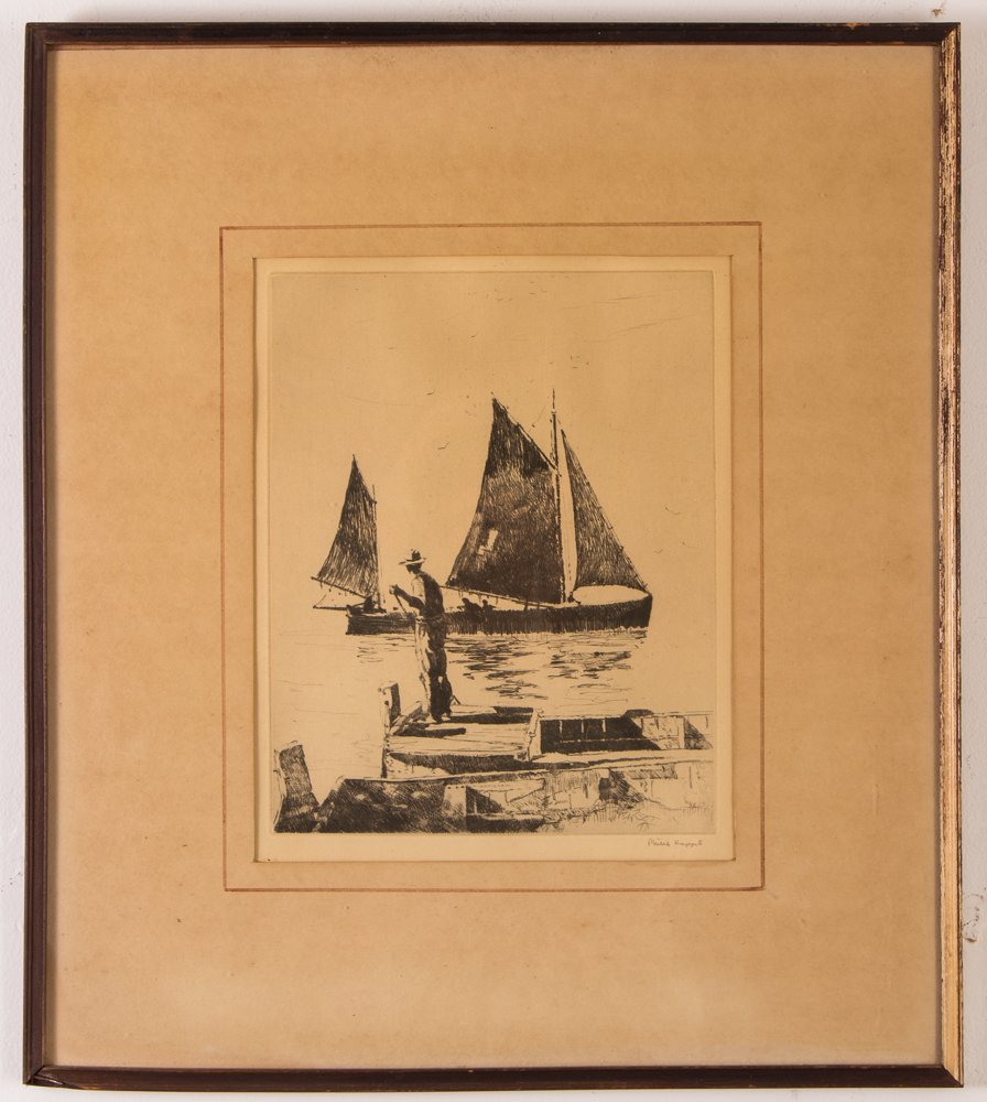 Philip Kappel dry point etching "Fishing Dock": Artist: Kappel, Philip (American 1901-81) Title: Fishing Dock Medium: dry point etching Dimensions: 9.75 x 7.8 inches Signature: pencil signed Provenance: The Estate of Warren Pleasants, Pitts