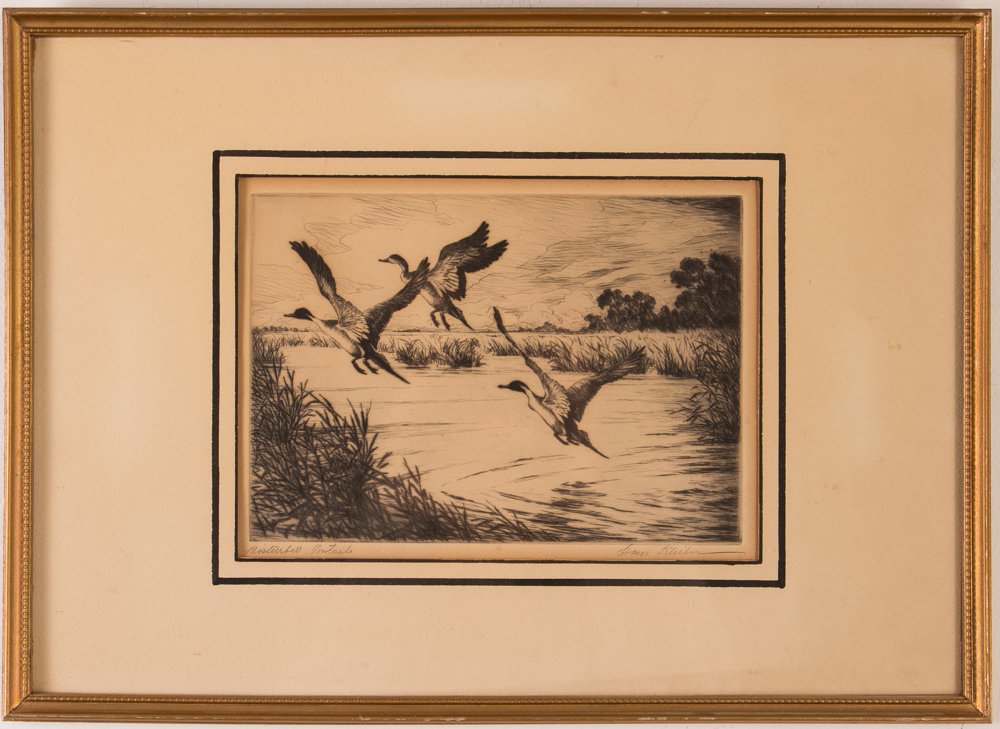 Hans Kleiber 1948 etching Disturbed Pintails: Artist: Kleiber, Hans (1887-1967, American) Title: Disturbed Pintails Date: 1948 Medium: etching Dimensions: 6 1/8 x 8 7/8 inches Editions: AAA Edition of 250 Signature: pencil signed