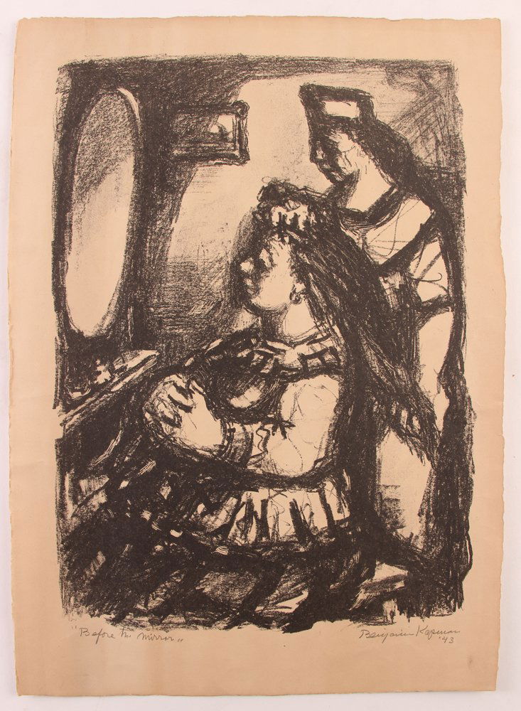 Benjamin Kopman lithograph "Before the Mirror": Artist: Kopman, Benjamin D.(Russian/American 1887-1965) Title: Before the Mirror Date: 1943 Medium: lithograph Dimensions: 13.5 x 8.5 inches Editions: not stated Signature: pencil sig