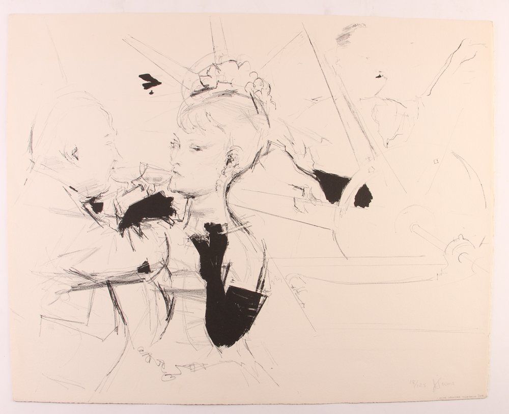 Jack Levine 1967 orig litho "Vernissage": Artist: Levine, Jack (American, b. 1915) Title: Vernissage Date: 1967 Medium: lithograph Dimensions: 17.75 x 22.25 inches Editions: numbered 18/125 Signature: Pencil signed and number
