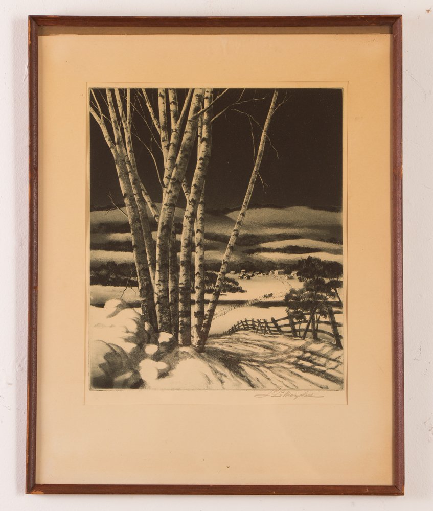 Samuel L. Margolies orig etching "Slumbering Meadows": Artist: Margolies, Samuel L. (American, 1897–1974) Title: Slumbering Meadows Date: circa 1940 Medium: Etching and aquatint printed in blue/black on paper, Dimensions: 11 3/4 x 10 inches Signature: